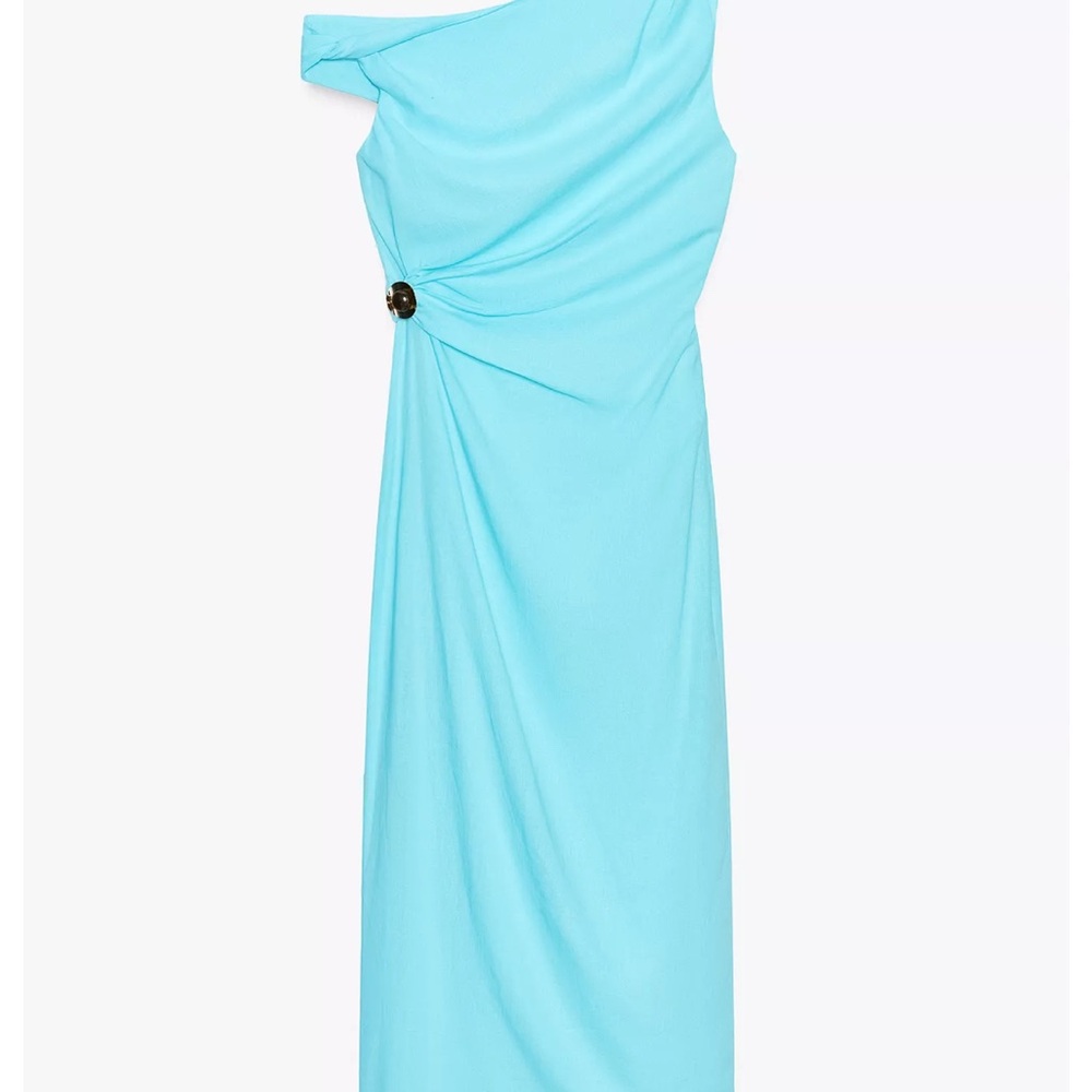 Zara Linen Turquoise One-Shoulder Dress